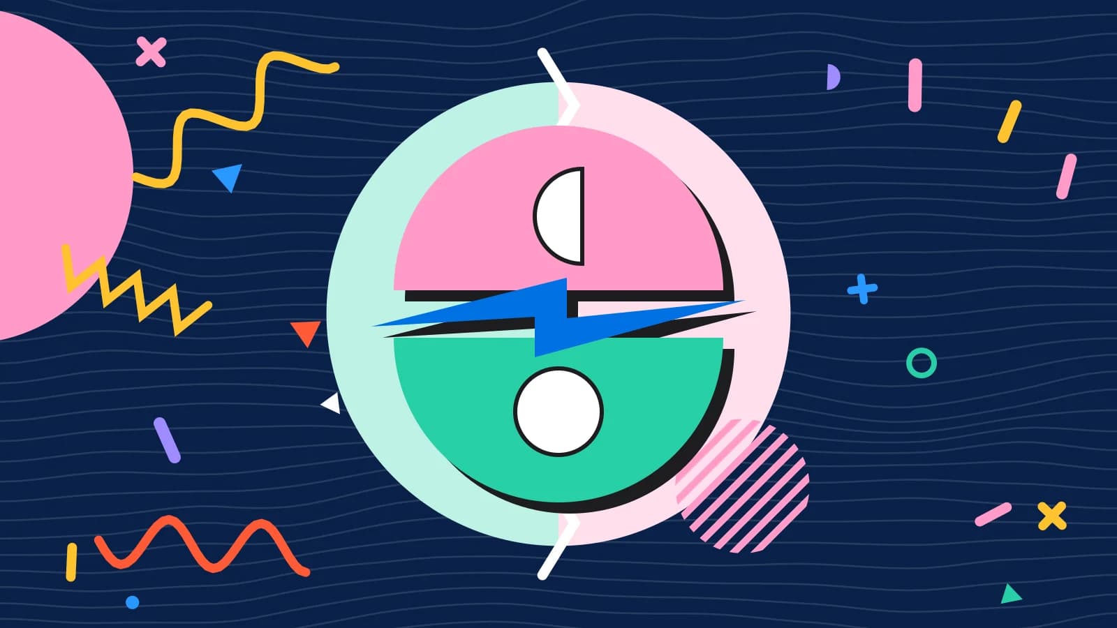 Illustration for supy alternatives: two half circles facing each other across a lightning bolt, in mint and pink on navy.