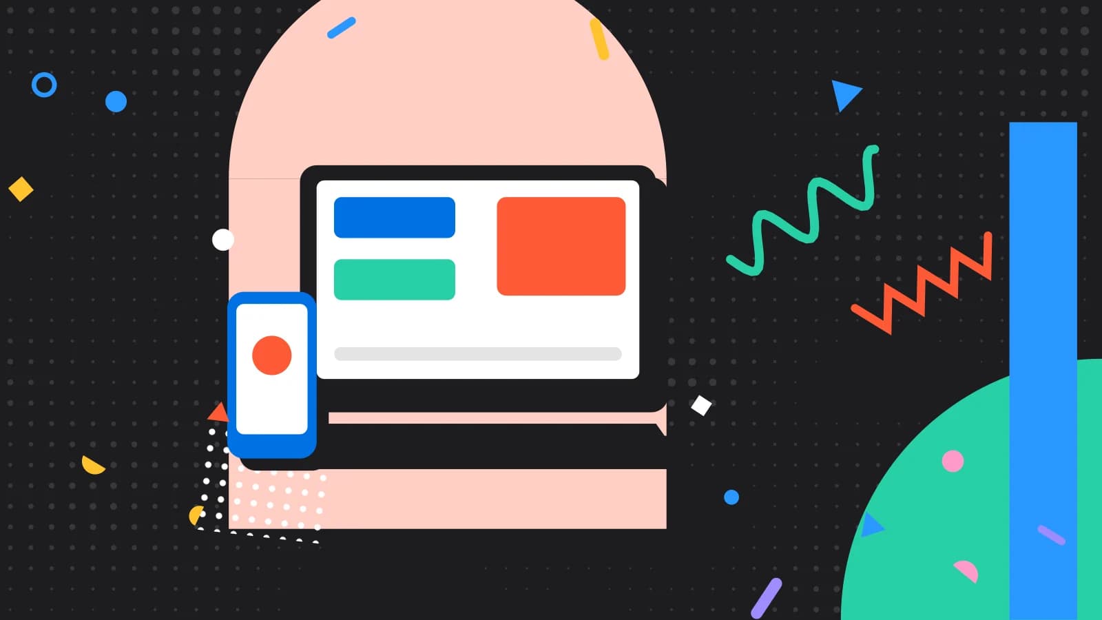 Illustration for switching systems: a laptop and a phone showing simple blocks, in coral and mint on black.