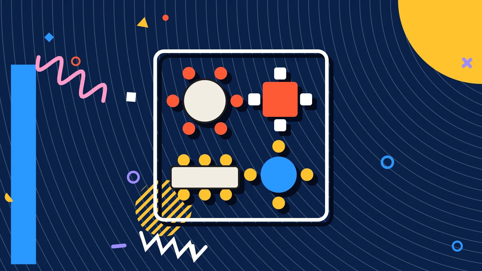 Illustration for table pacing: a floor plan of round, square and long tables, in coral and yellow on navy.