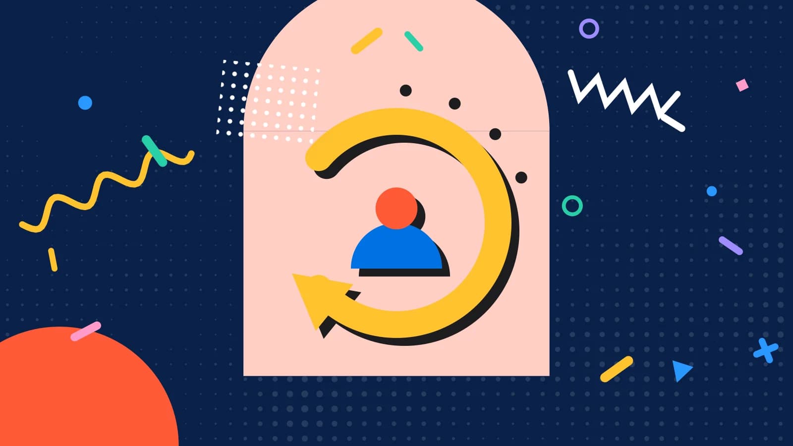 Illustration for table turnover rate: a looping arrow around a returning guest, in coral and yellow on navy.