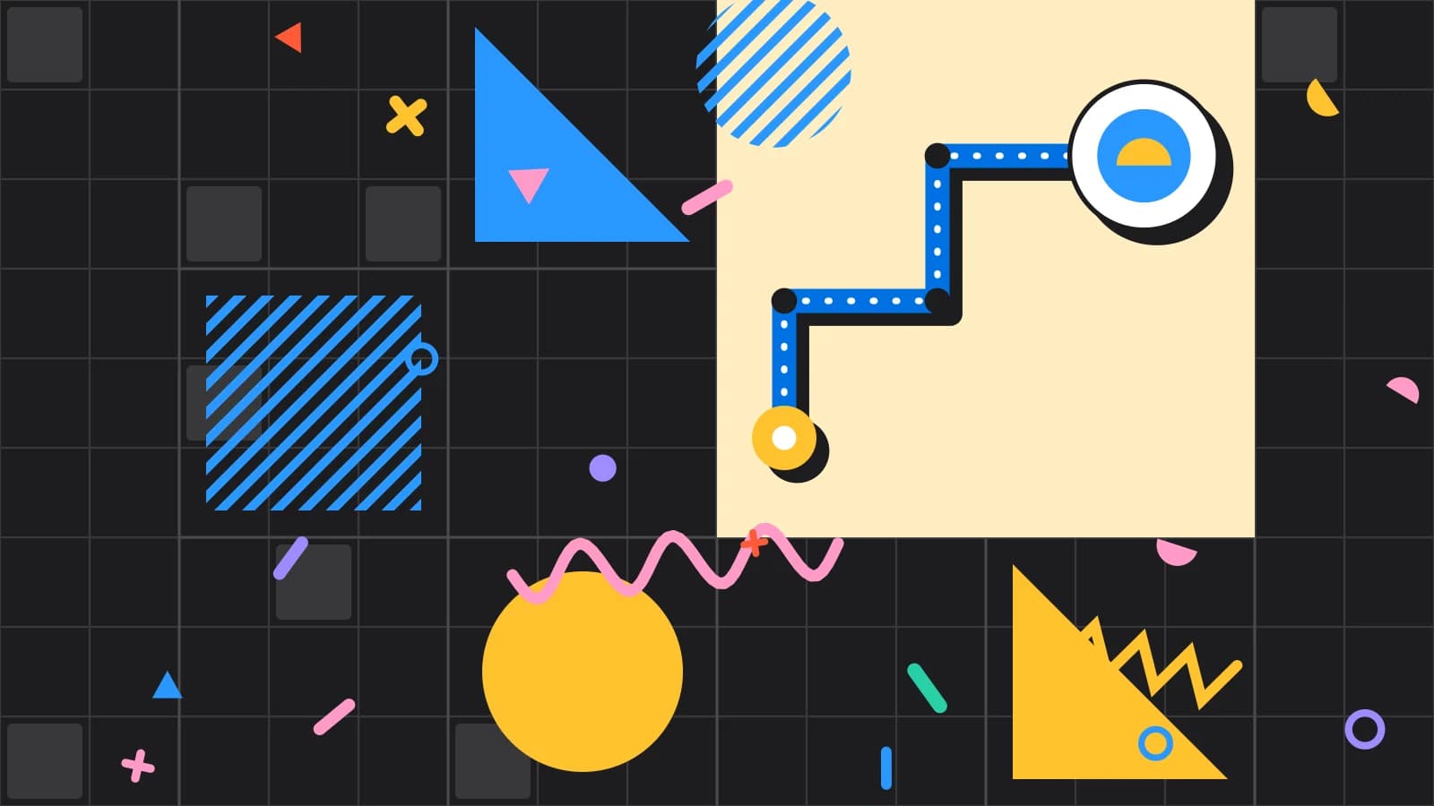 Illustration for tableside ordering: a route from the table to the pass, ending at a plate, in yellow and light blue on black.