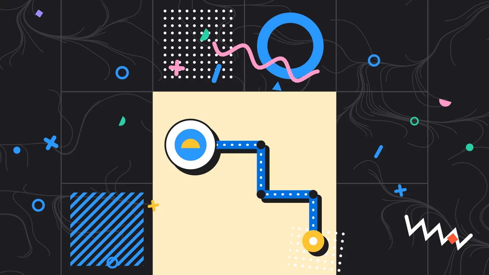 Illustration for taking an order: a route from the table to the pass, ending at a plate, in yellow and light blue on black.