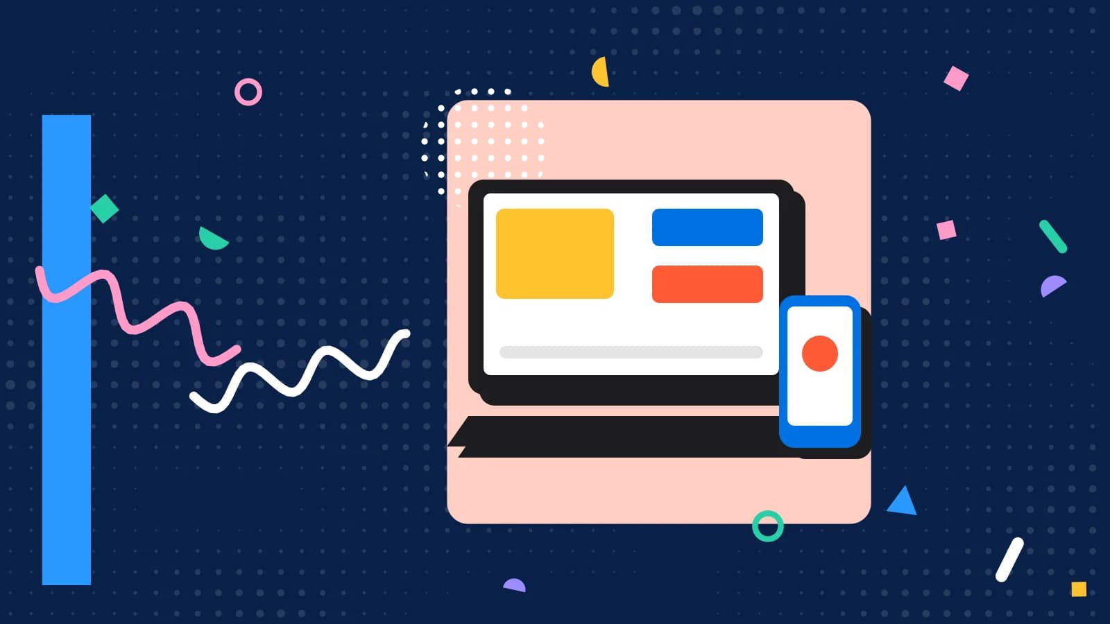 Illustration for booking widget: a laptop and a phone showing simple blocks, in coral and yellow on navy.