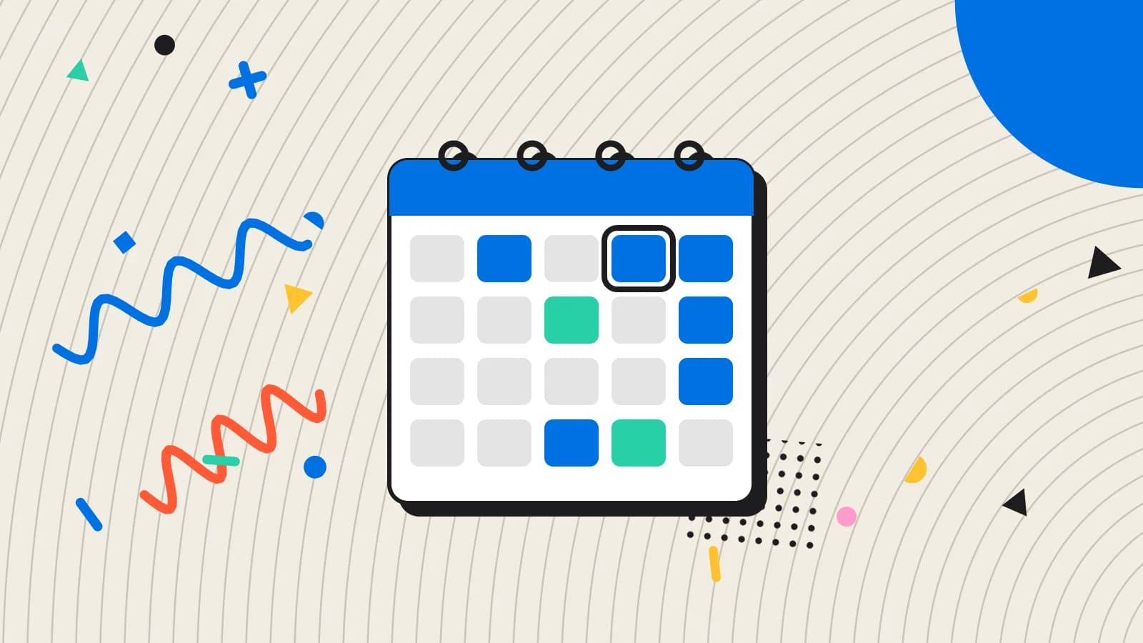 Illustration for covers report: a booking diary with filled time slots, in mint and blue on cream.