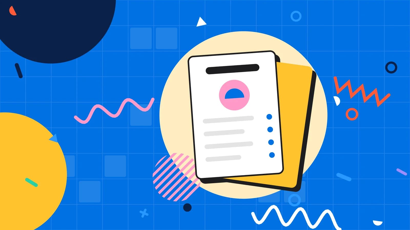 Illustration for menu on your website: a menu card with a featured dish and lines of text, in yellow and pink on blue.