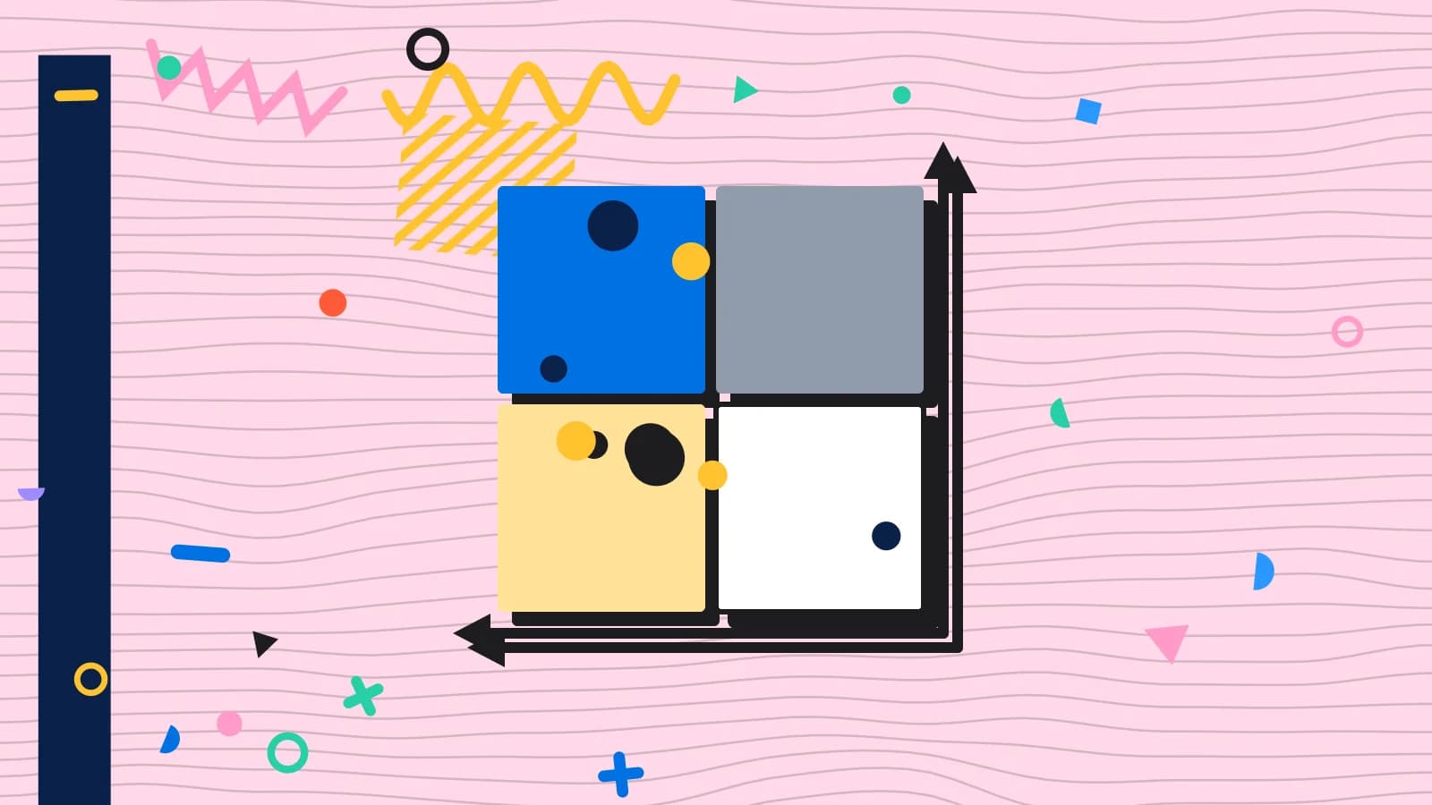 Illustration for menu report: a four quadrant matrix with dishes plotted on it, in blue and yellow on pale pink.