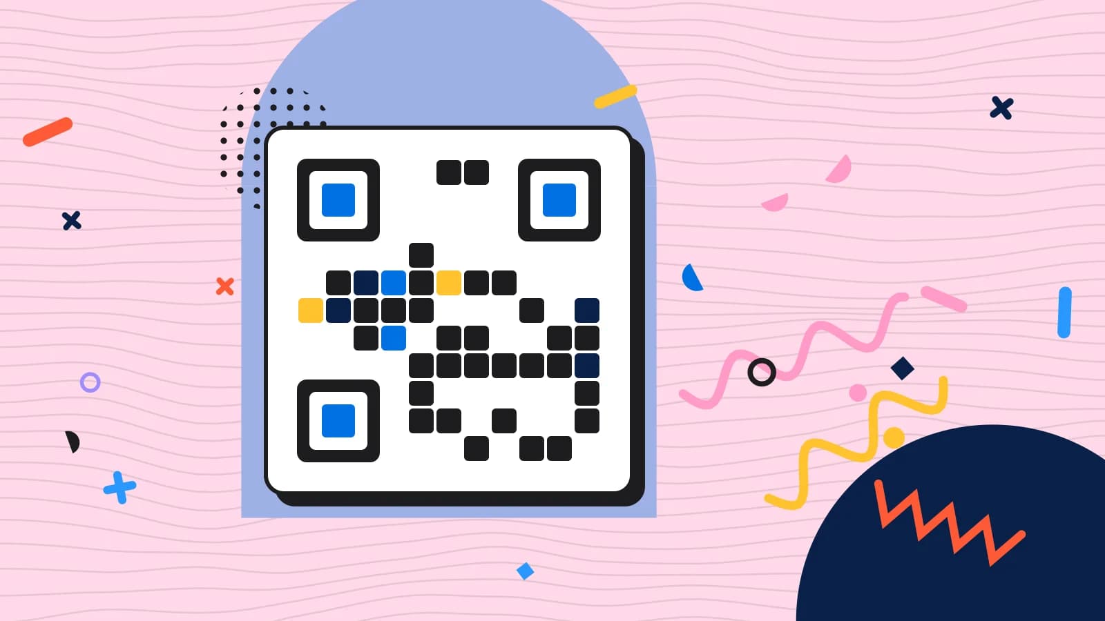 Illustration for qr code menu: a grid of squares arranged like a QR code, in blue and yellow on pale pink.