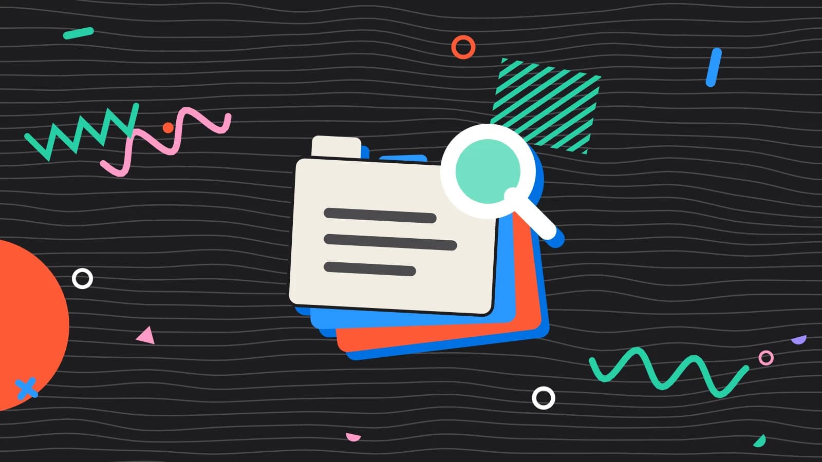 Illustration for restaurant software stack: stacked index cards under a magnifying glass, in coral and mint on black.