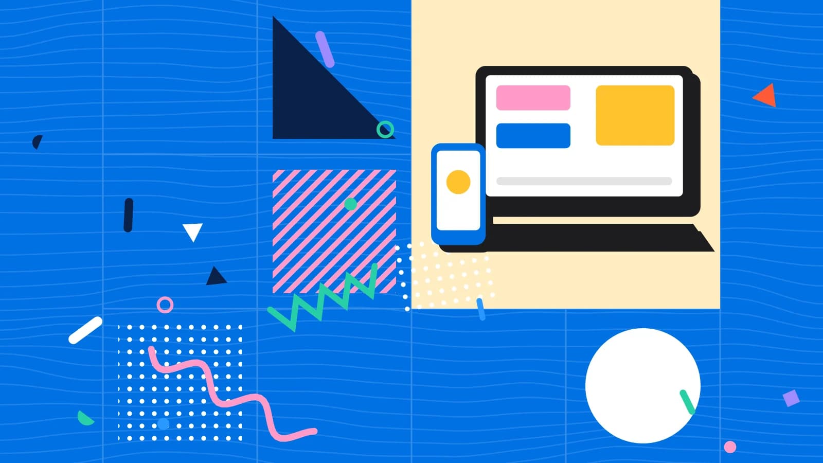 Illustration for restaurant website: a laptop and a phone showing simple blocks, in yellow and pink on blue.