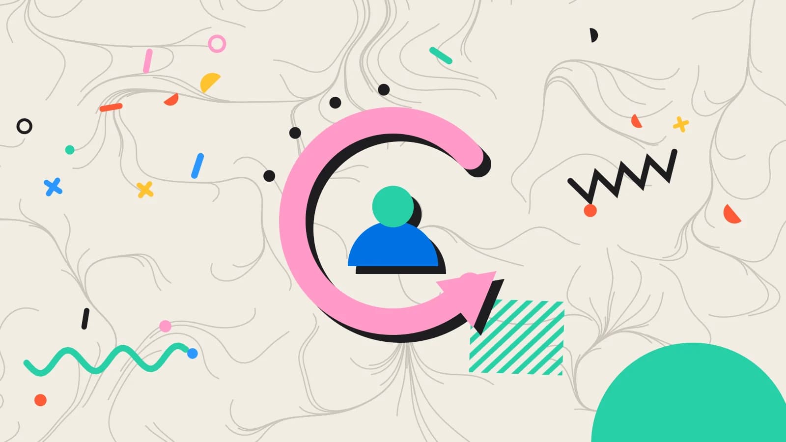 Illustration for the second visit: a looping arrow around a returning guest, in pink and mint on cream.