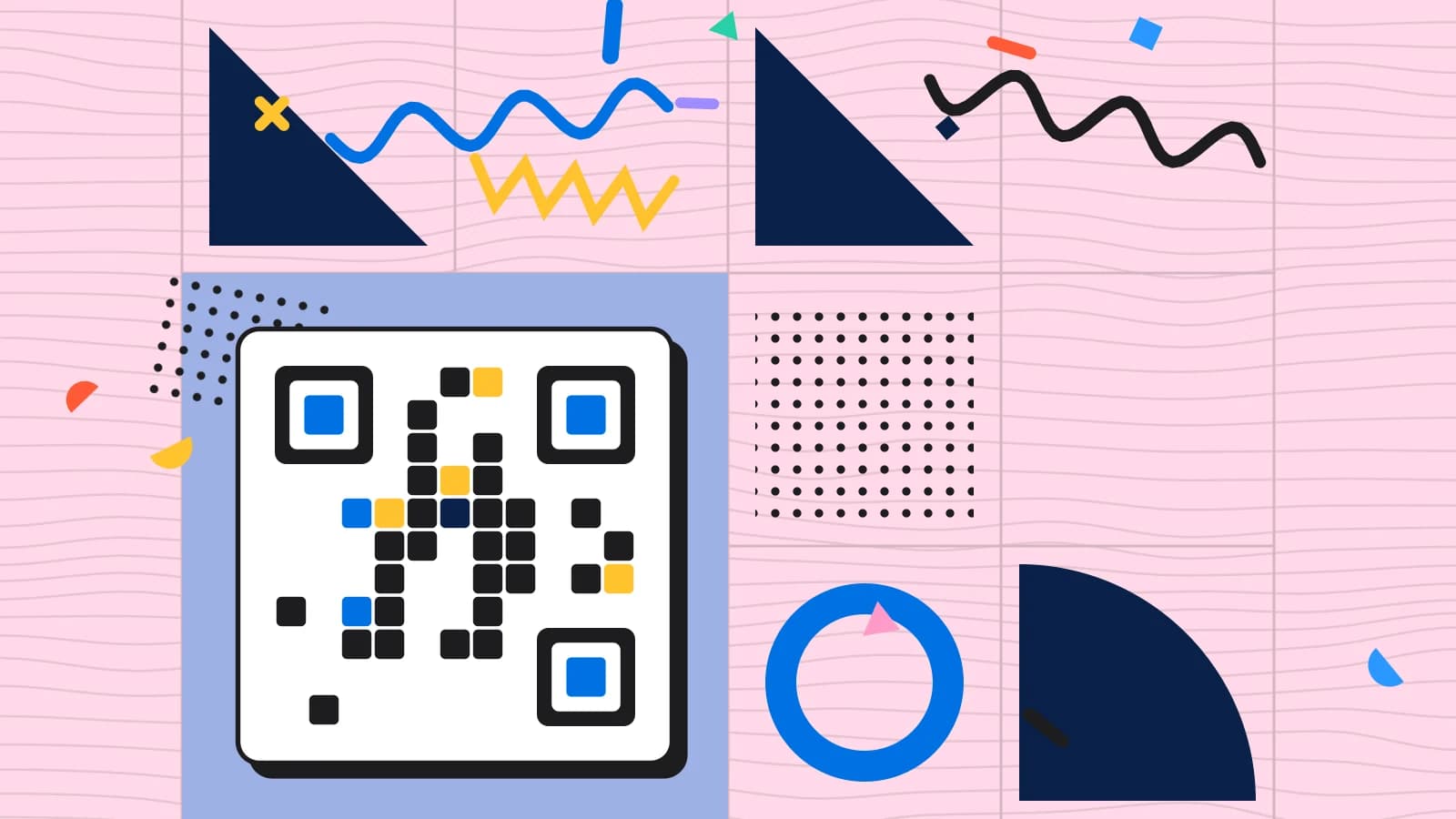 Illustration for table qr code: a grid of squares arranged like a QR code, in blue and yellow on pale pink.