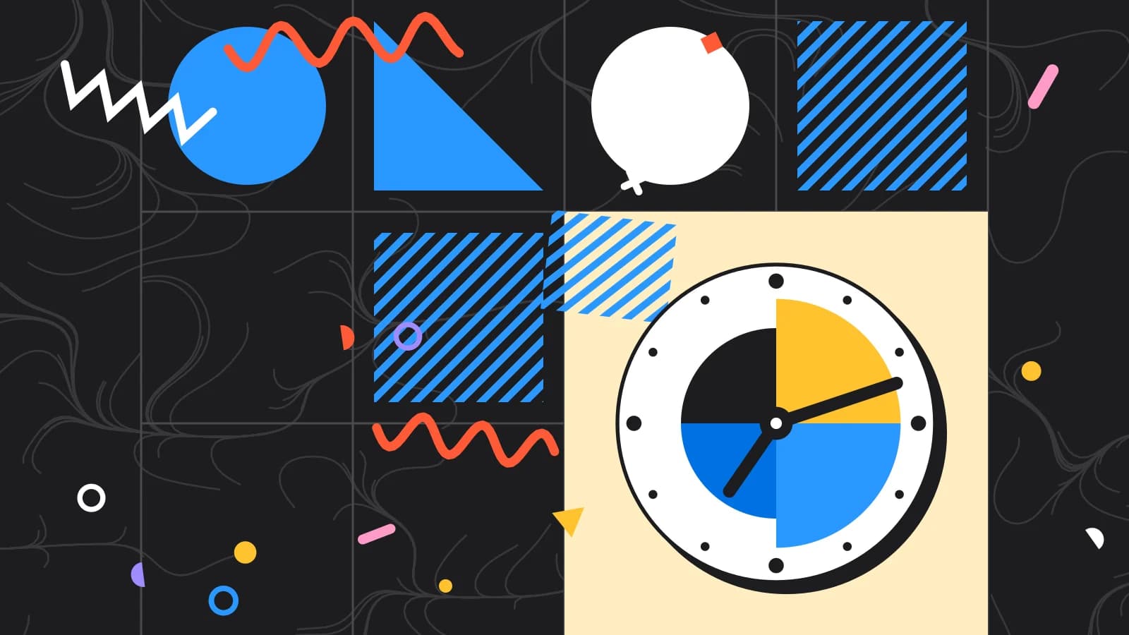 Illustration for ticket times: a clock face made of quarter circles, in yellow and light blue on black.