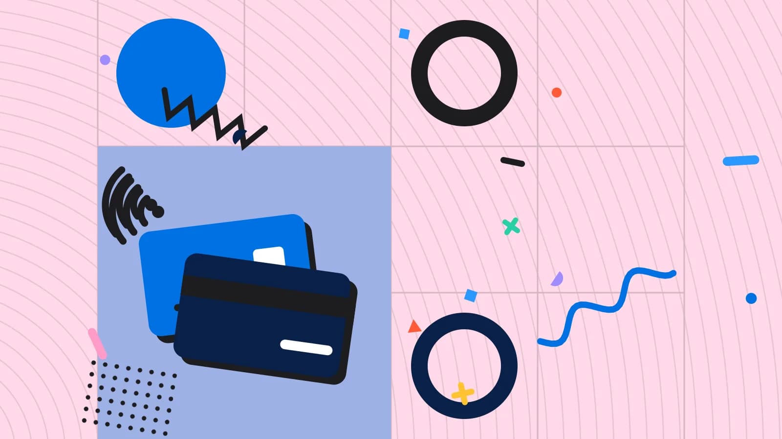 Illustration for tipping on card: two payment cards with contactless waves, in blue and yellow on pale pink.