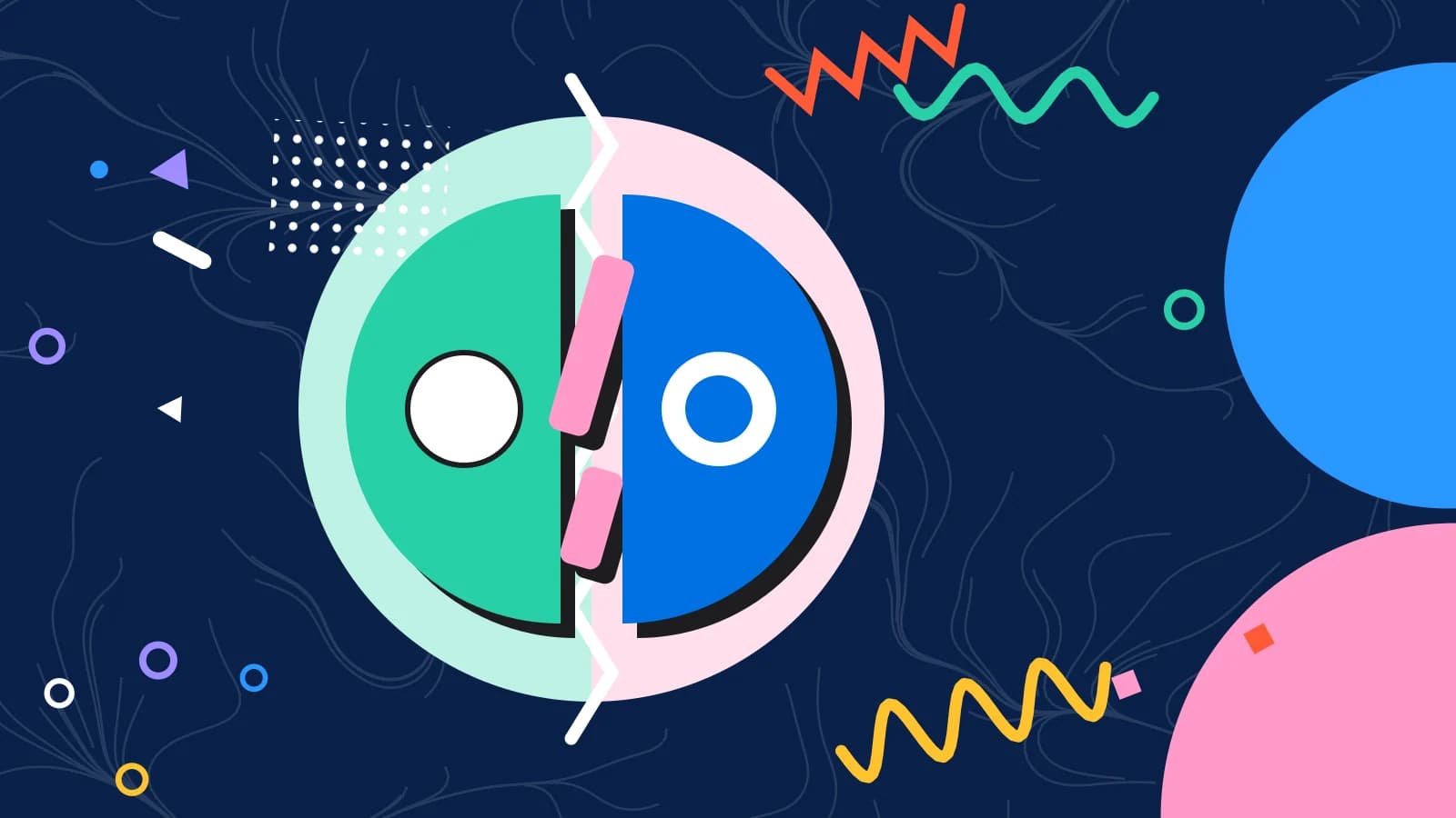 Illustration for toast alternatives: two half circles facing each other across a slashed line, in mint and pink on navy.