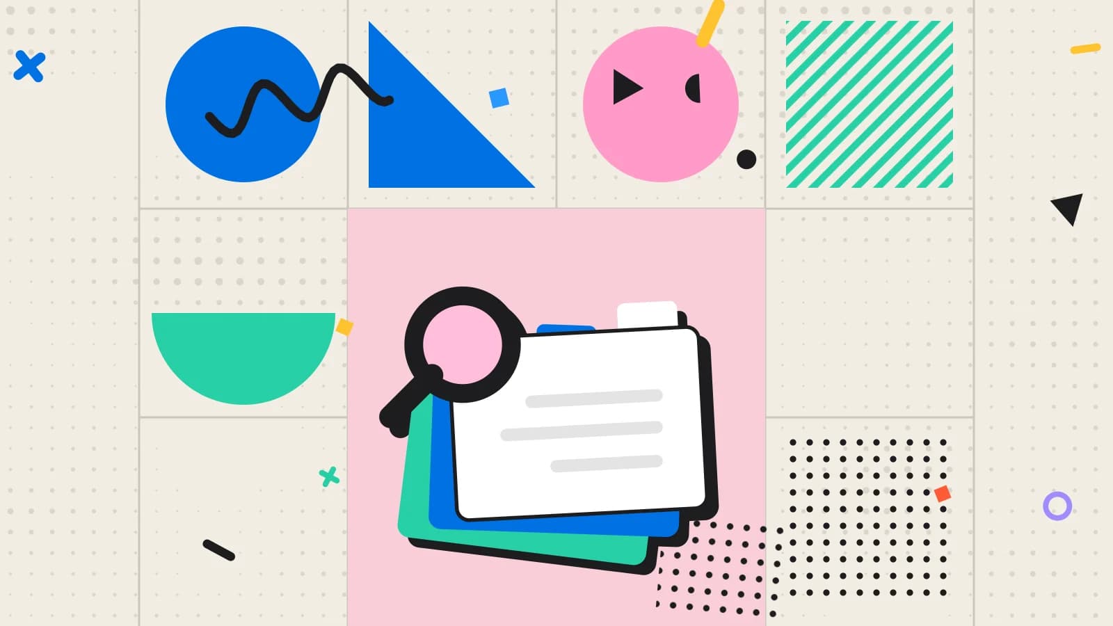 Illustration for loyalty program ideas: stacked index cards under a magnifying glass, in pink and mint on cream.