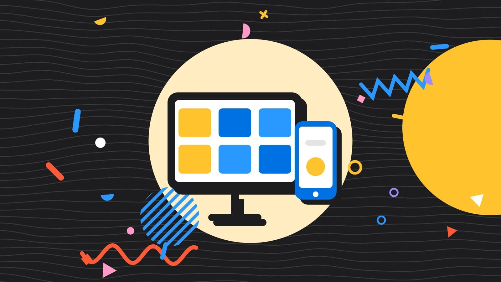 Illustration for types of POS systems: a tablet and a phone showing simple blocks, in yellow and light blue on black.