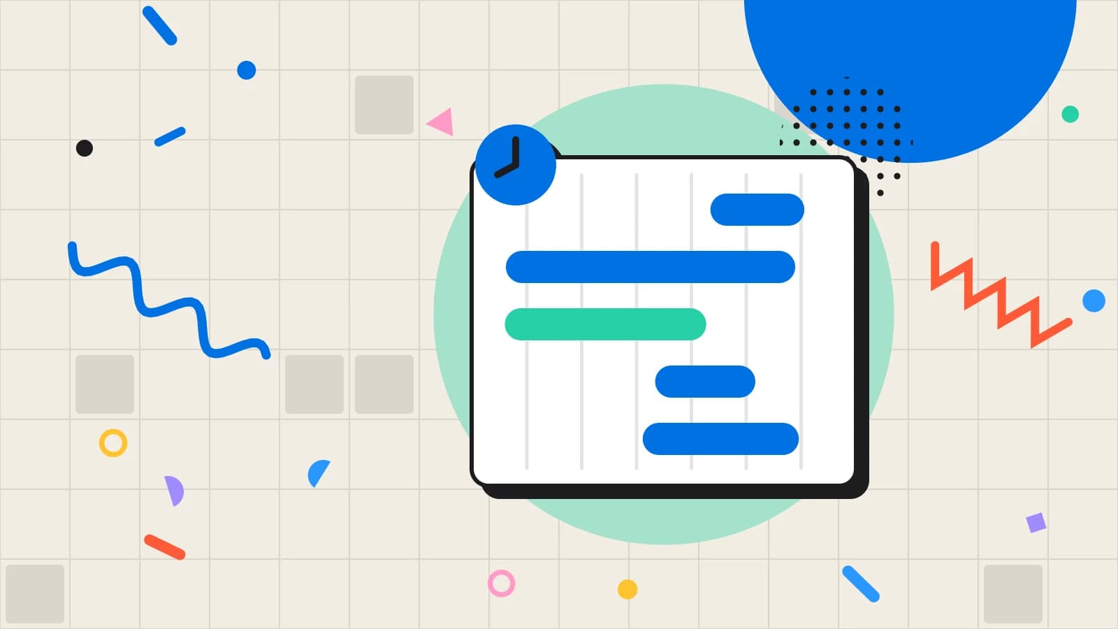Illustration for understaffing: a rota of shift bars on a grid, in mint and blue on cream.