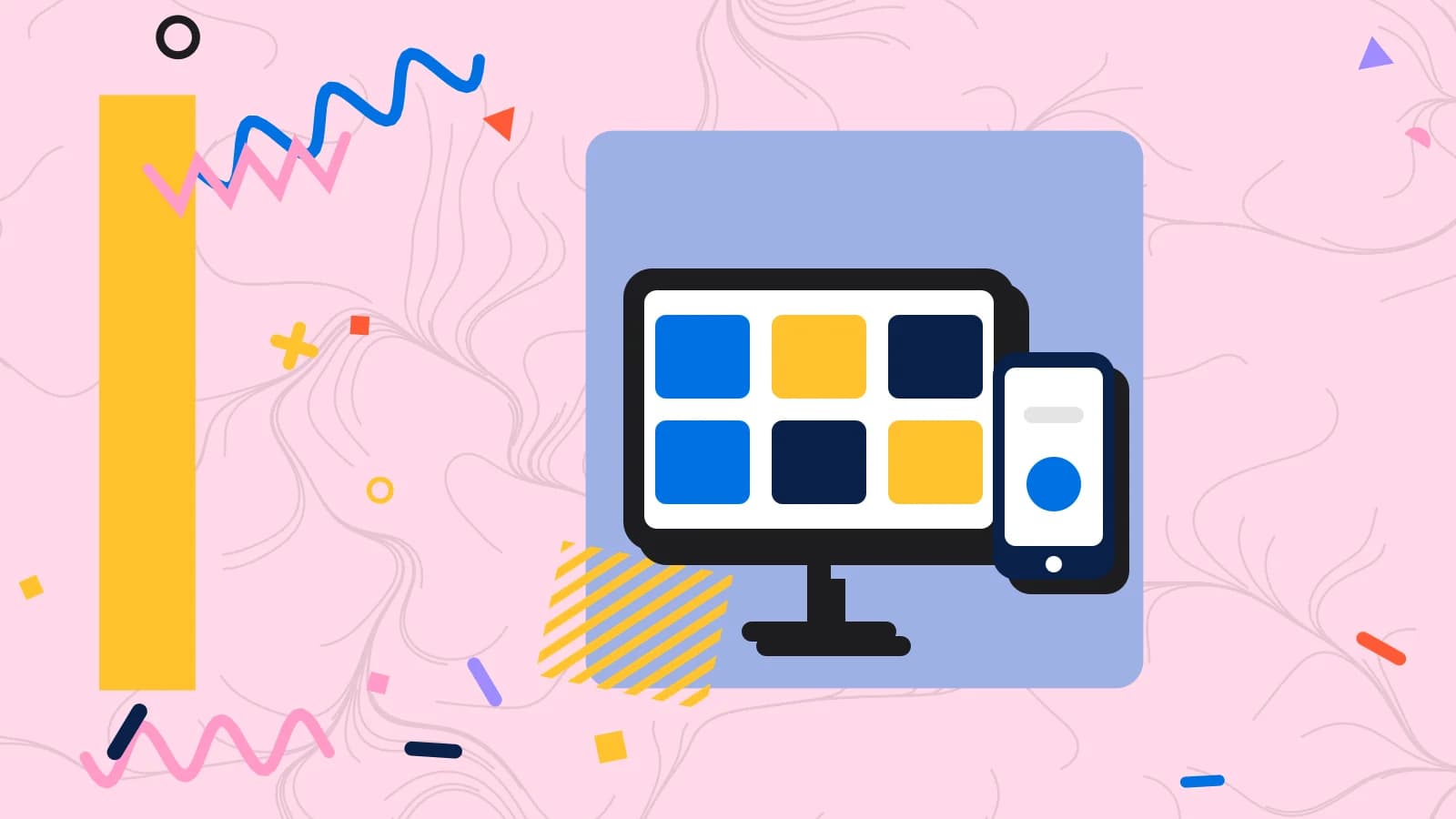 Illustration for updating the menu: a tablet and a phone showing simple blocks, in blue and yellow on pale pink.
