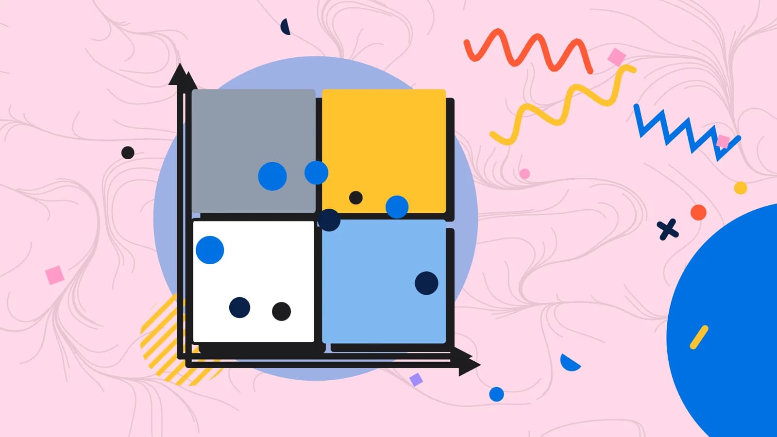 Illustration for upselling: a four quadrant matrix with dishes plotted on it, in blue and yellow on pale pink.