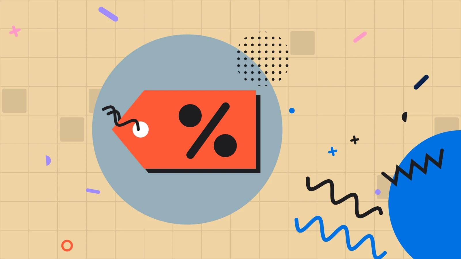 Illustration for vat on restaurant sales: a price tag with a percent sign, in blue and coral on sand.
