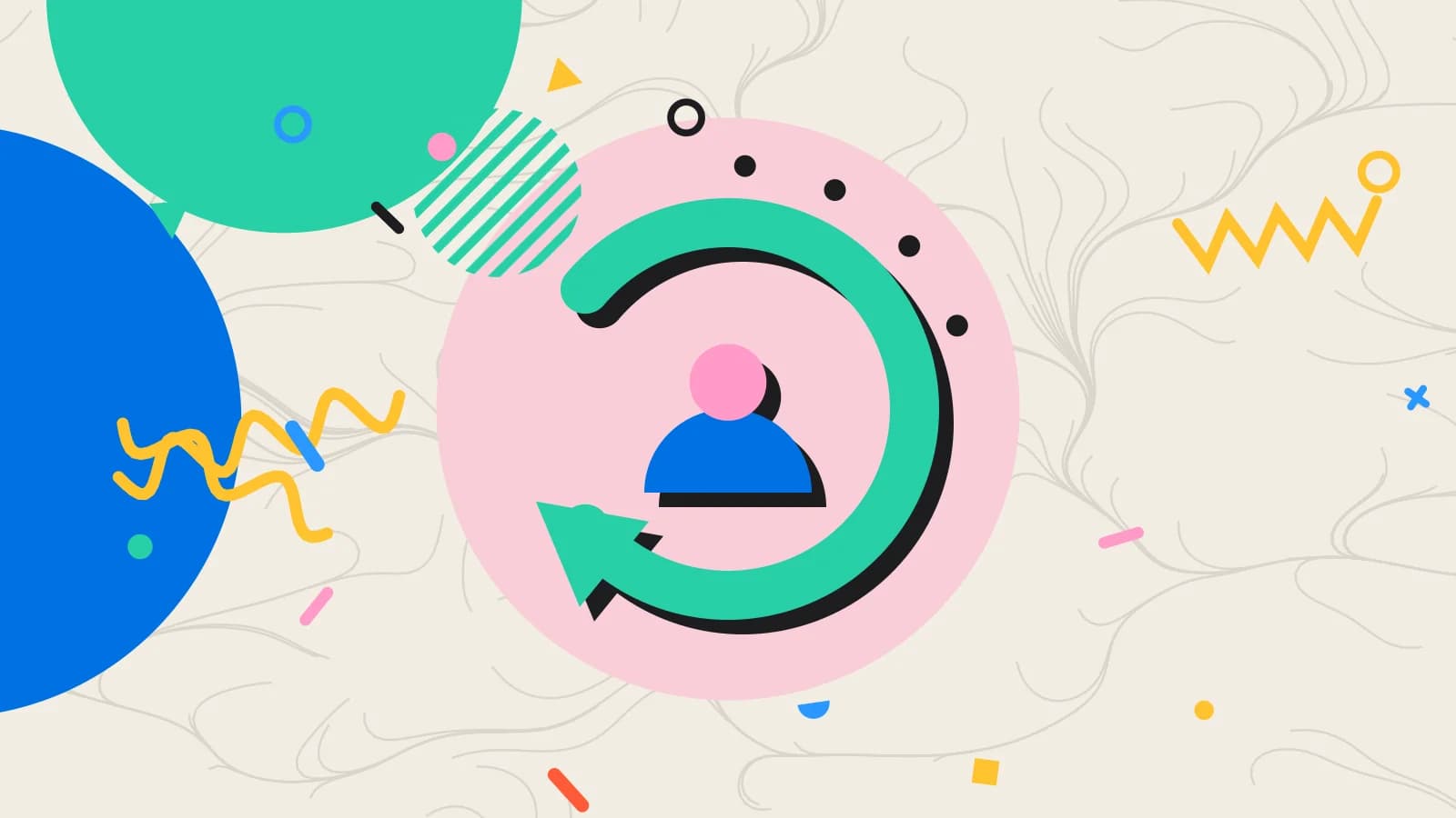 Illustration for visit frequency: a looping arrow around a returning guest, in pink and mint on cream.
