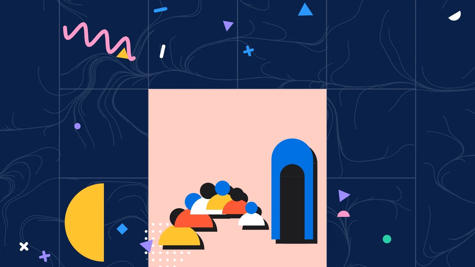 Illustration for waitlist management: a curving queue of figures leading to a doorway, in coral and yellow on navy.