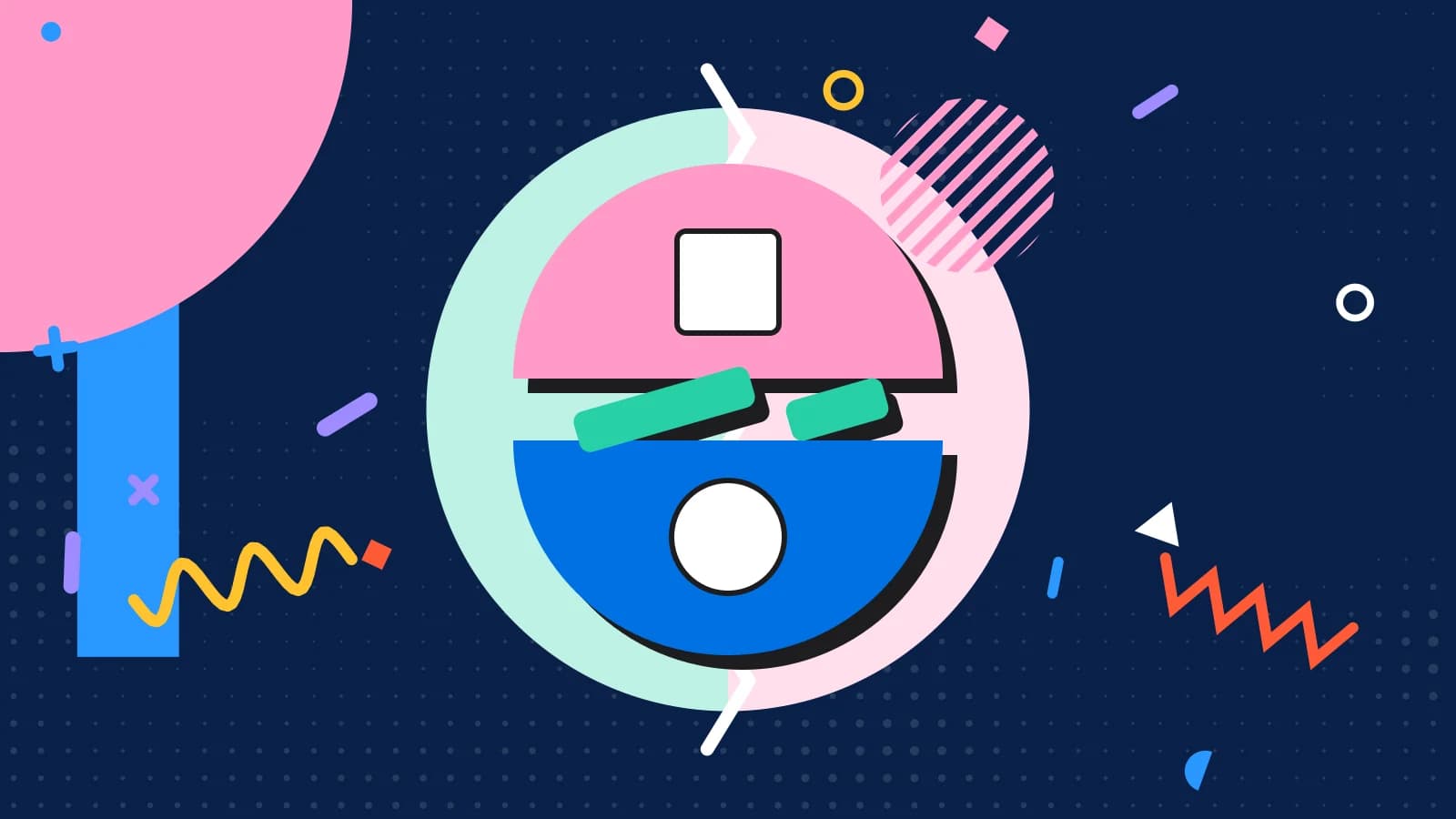 Illustration for walk ins vs reservations: two half circles facing each other across a slashed line, in mint and pink on navy.