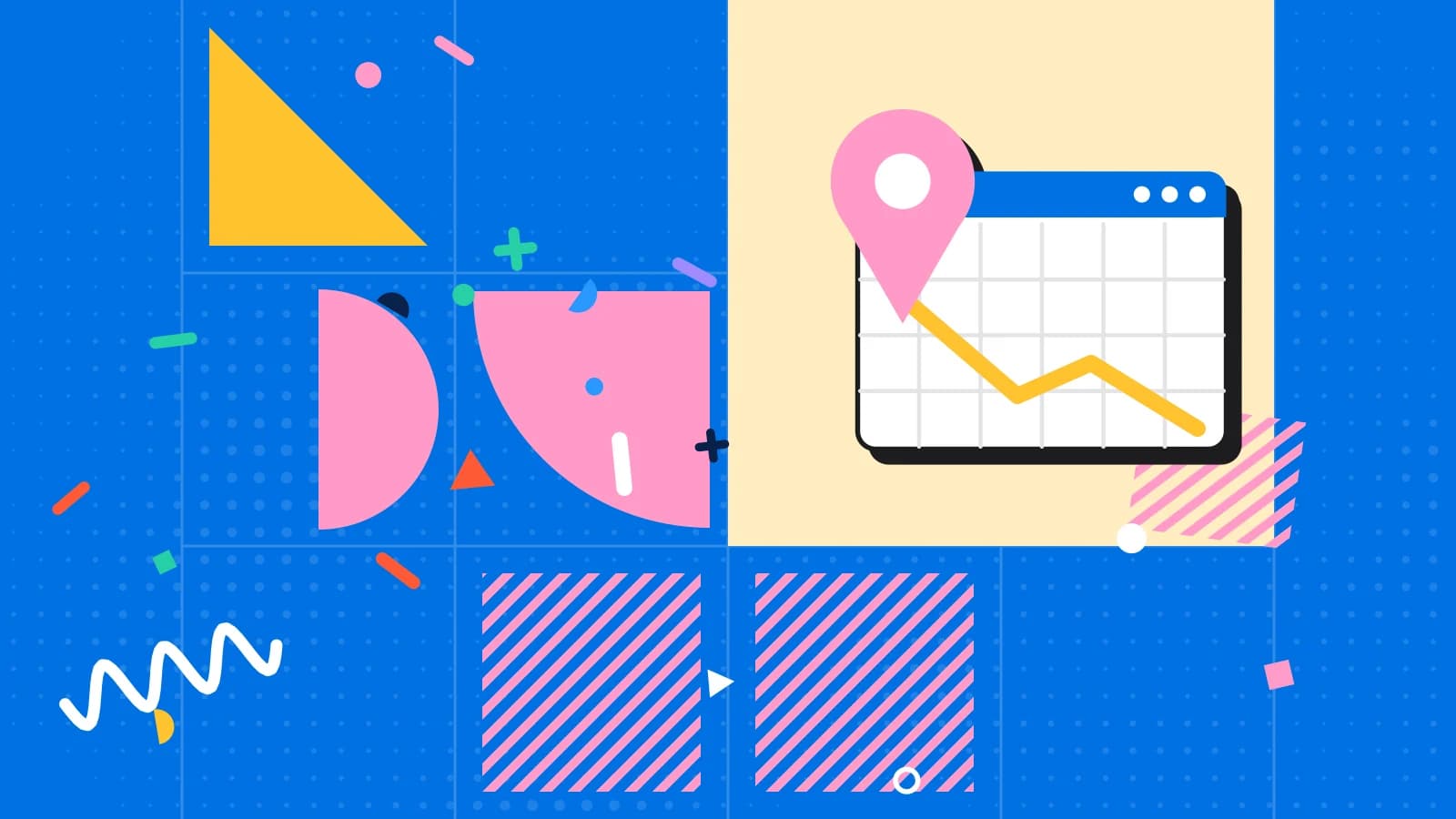 Illustration for website pages: a location pin over a browser window with a map, in yellow and pink on blue.