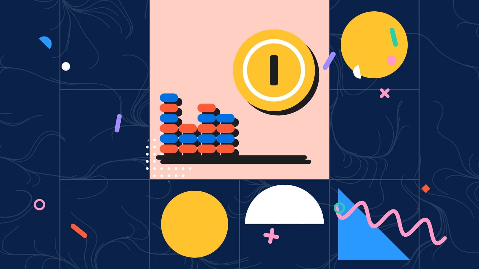 Illustration for what a no show costs: stacked coins beside a large coin, in coral and yellow on navy.