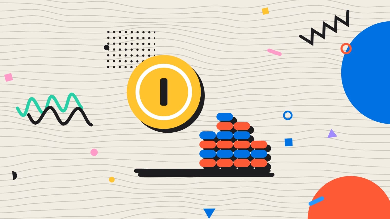 Illustration for ideal food cost: stacked coins beside a large coin, in yellow and coral on cream.