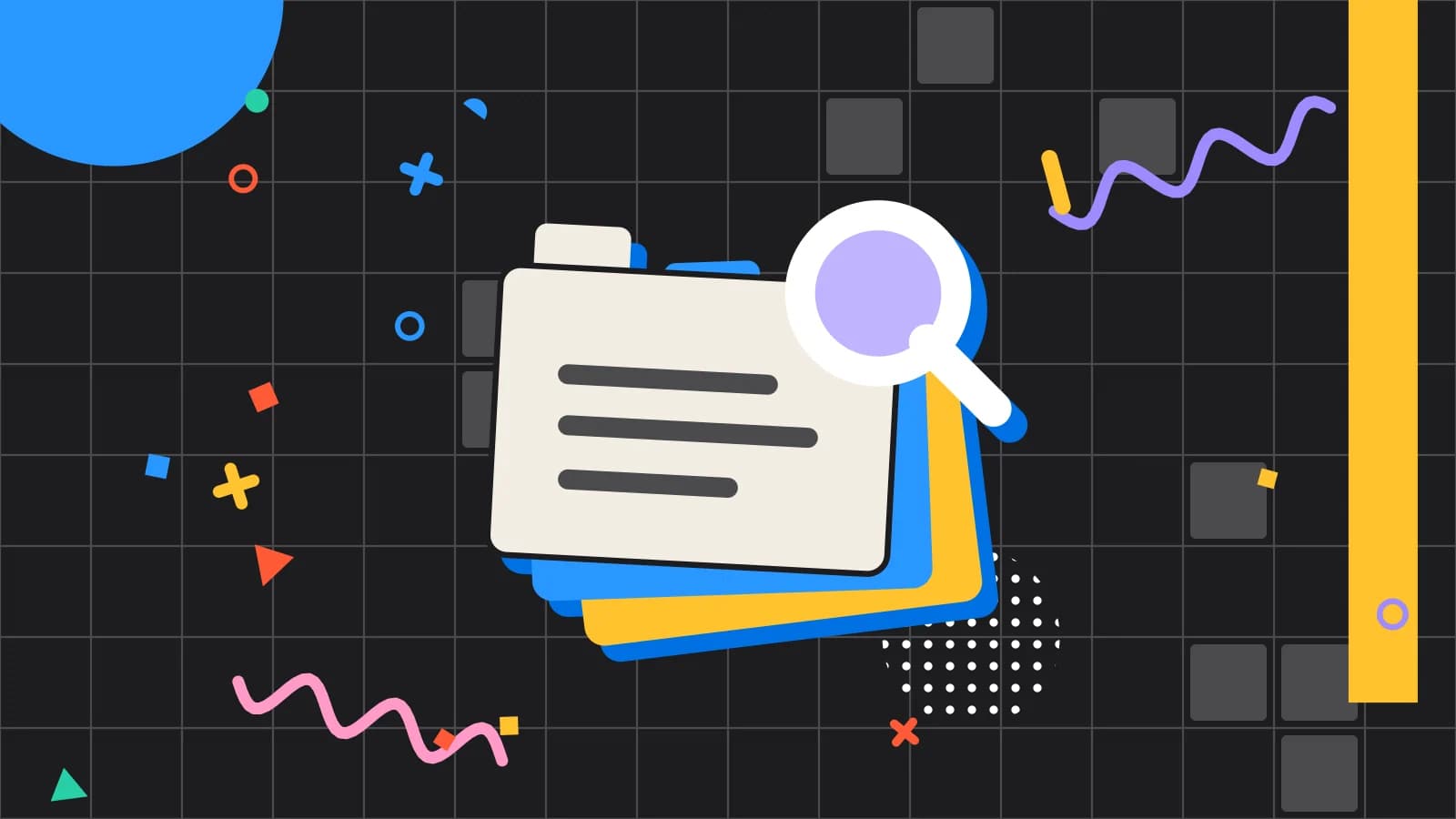 Illustration for what is a covers report: stacked index cards under a magnifying glass, in lilac and yellow on black.