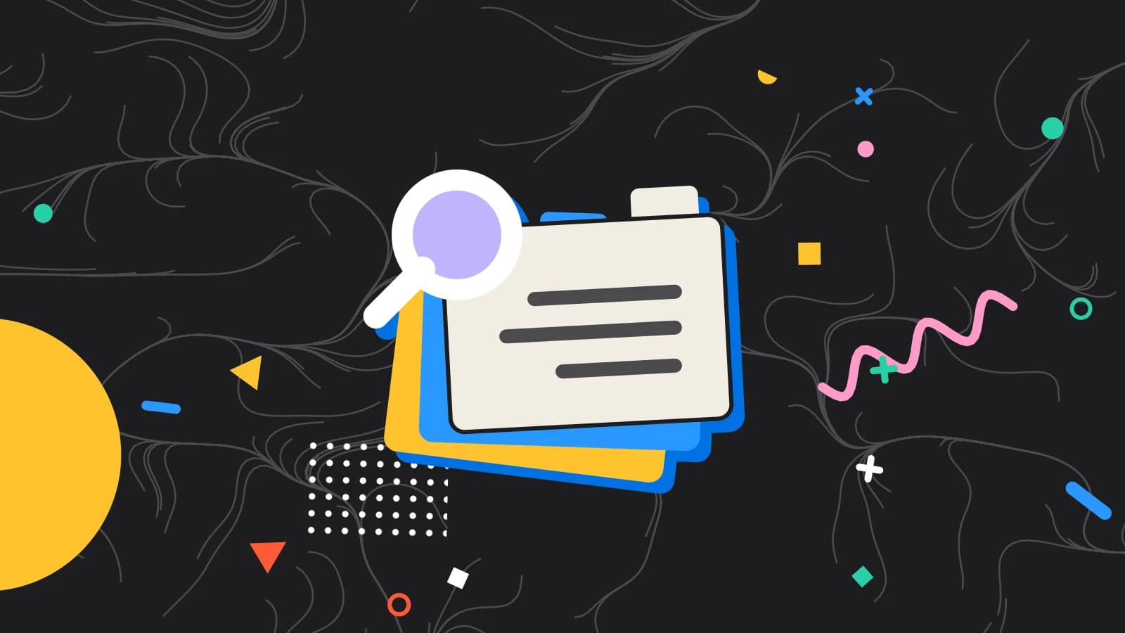 Illustration for what is a guest profile: stacked index cards under a magnifying glass, in lilac and yellow on black.