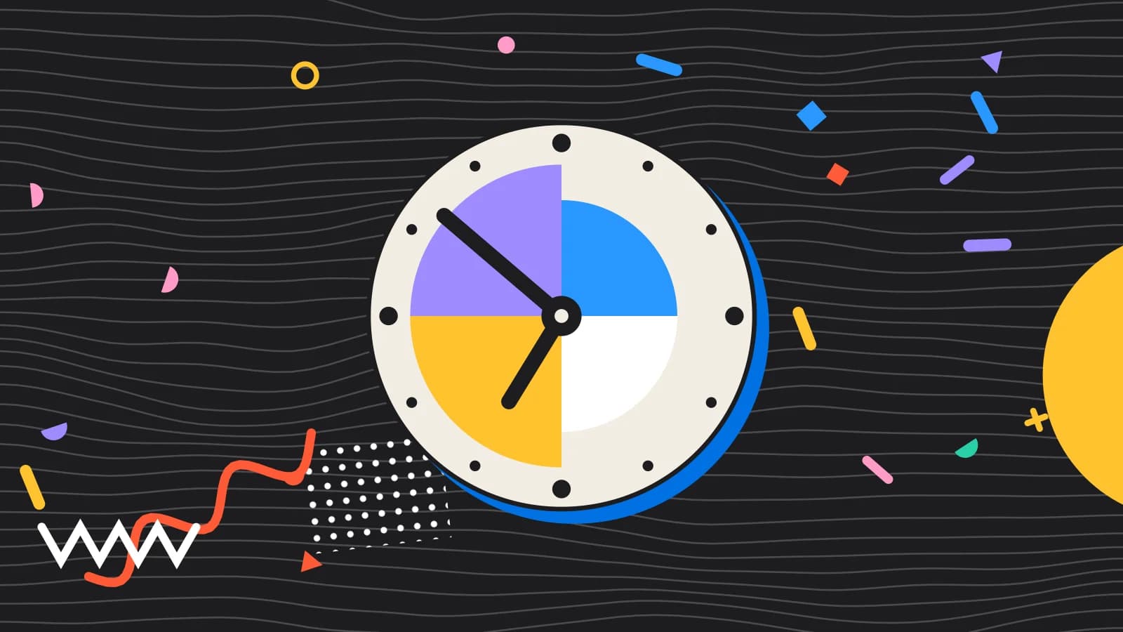 Illustration for what is a no show: a clock face made of quarter circles, in lilac and yellow on black.
