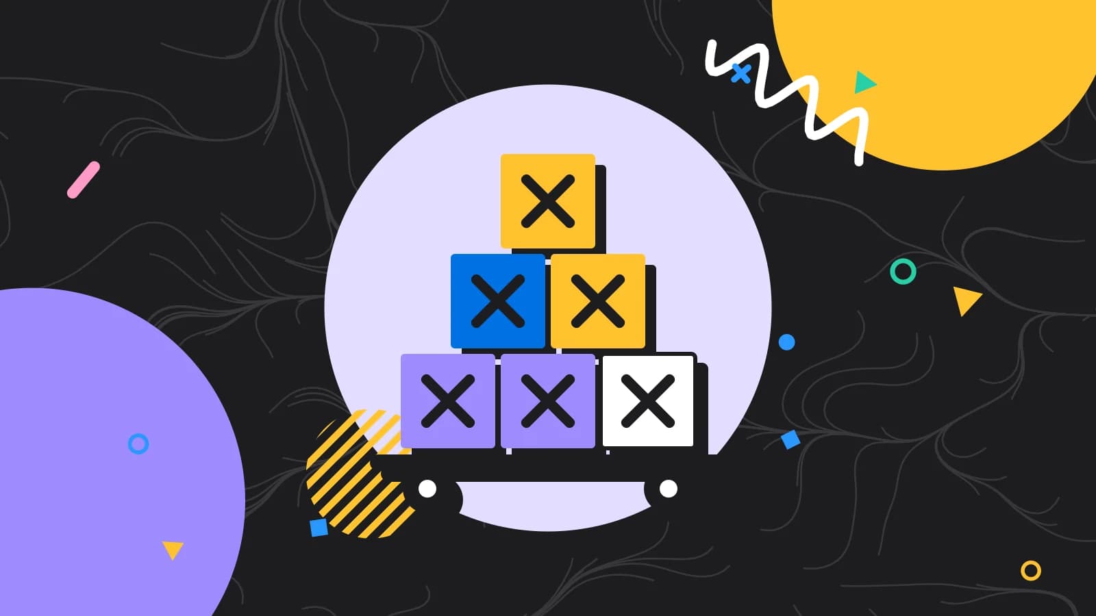 Illustration for what is a par level: crates stacked on a delivery cart, in lilac and yellow on black.