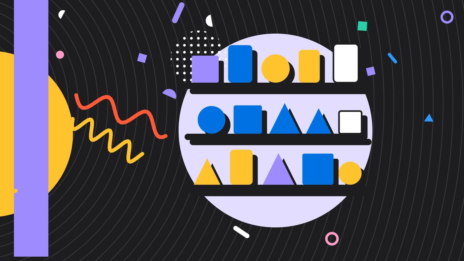 Illustration for what is a stocktake: shelves of shapes waiting to be counted, in lilac and yellow on black.