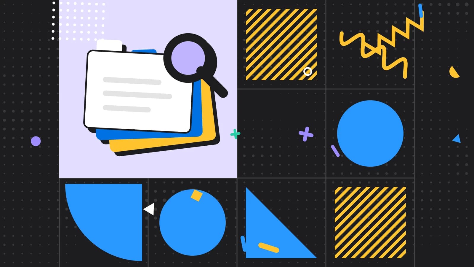 Illustration for what is an allergen matrix: stacked index cards under a magnifying glass, in lilac and yellow on black.