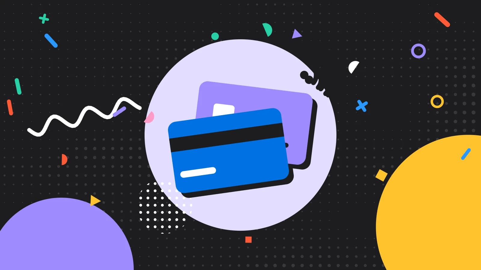 Illustration for what is average spend: two payment cards with contactless waves, in lilac and yellow on black.