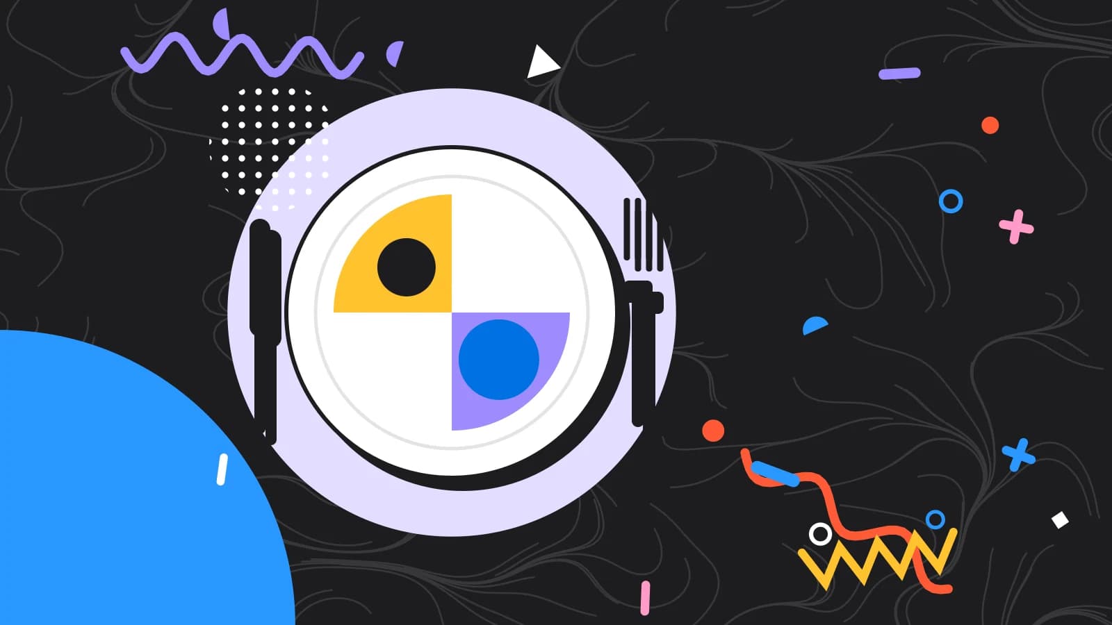 Illustration for what is food cost: a plate seen from above, divided into coloured portions, with a fork and knife, in lilac and yellow on black.