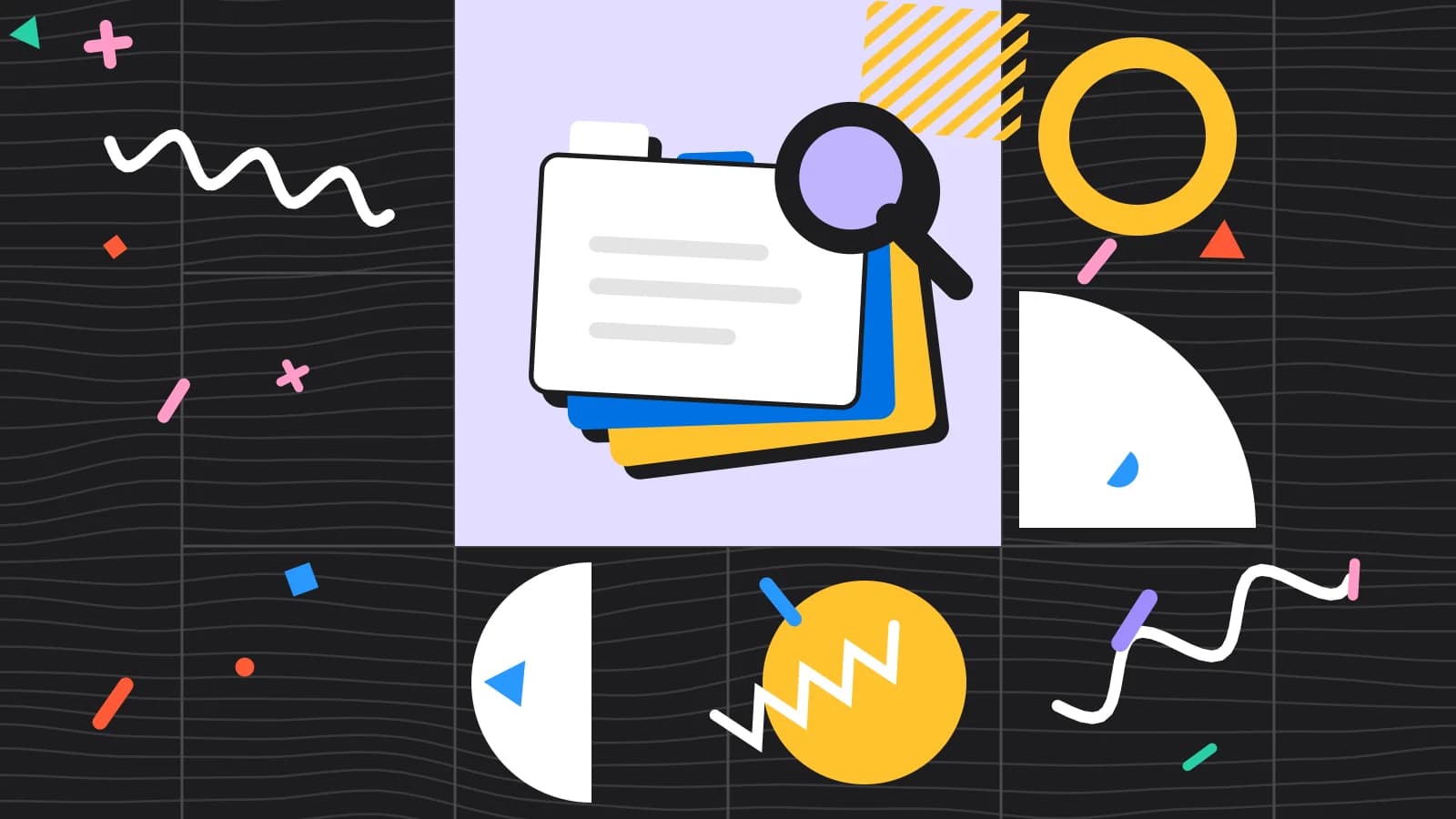 Illustration for what is front of house: stacked index cards under a magnifying glass, in lilac and yellow on black.