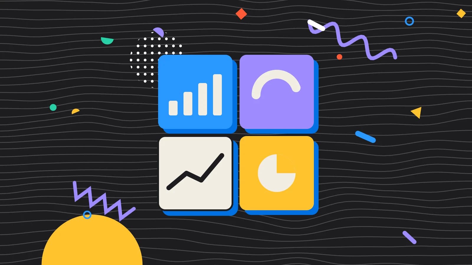 Illustration for what is gross profit: a dashboard of four tiles, each with a small chart, in lilac and yellow on black.