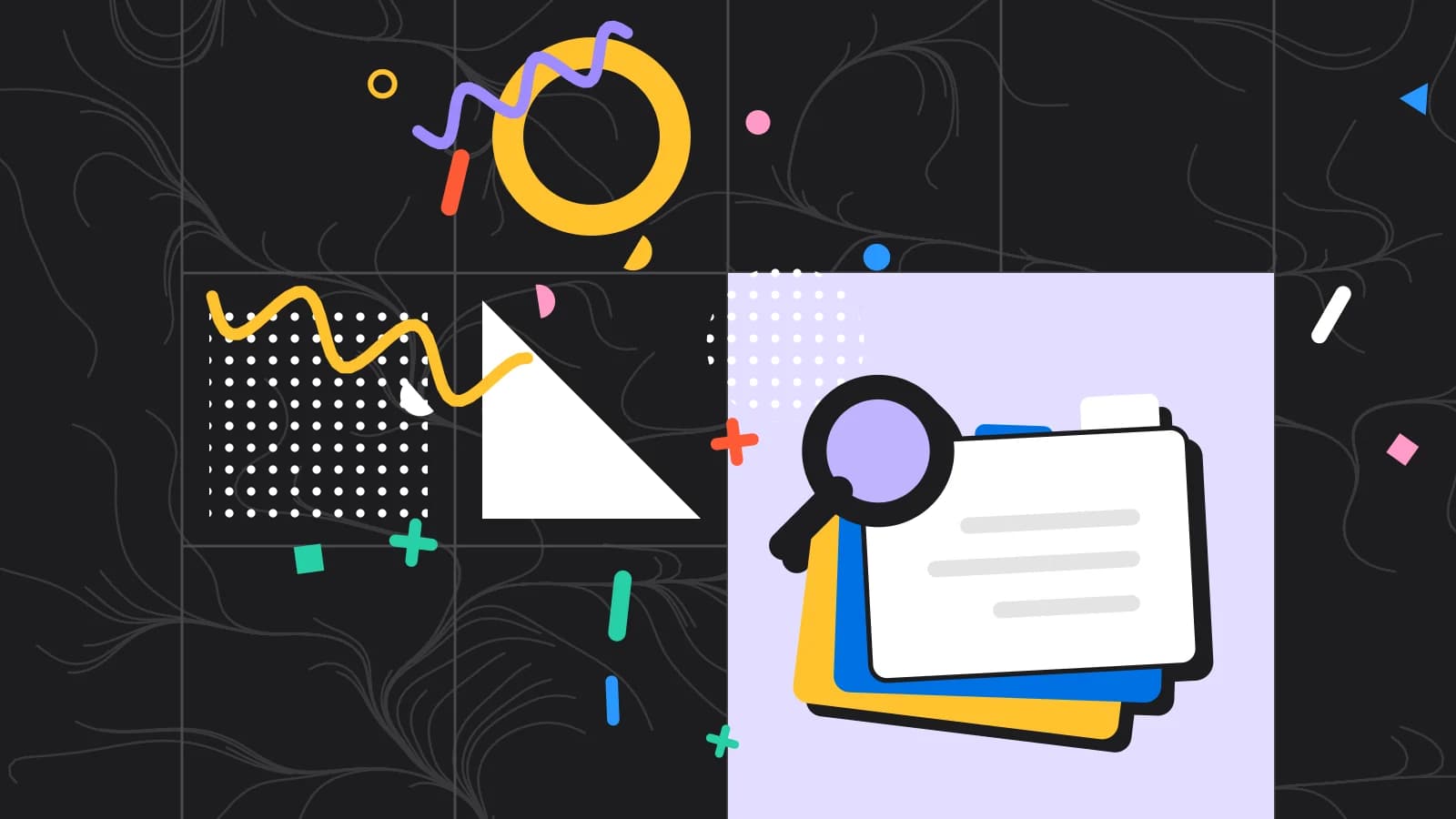 Illustration for what is revpash: stacked index cards under a magnifying glass, in lilac and yellow on black.