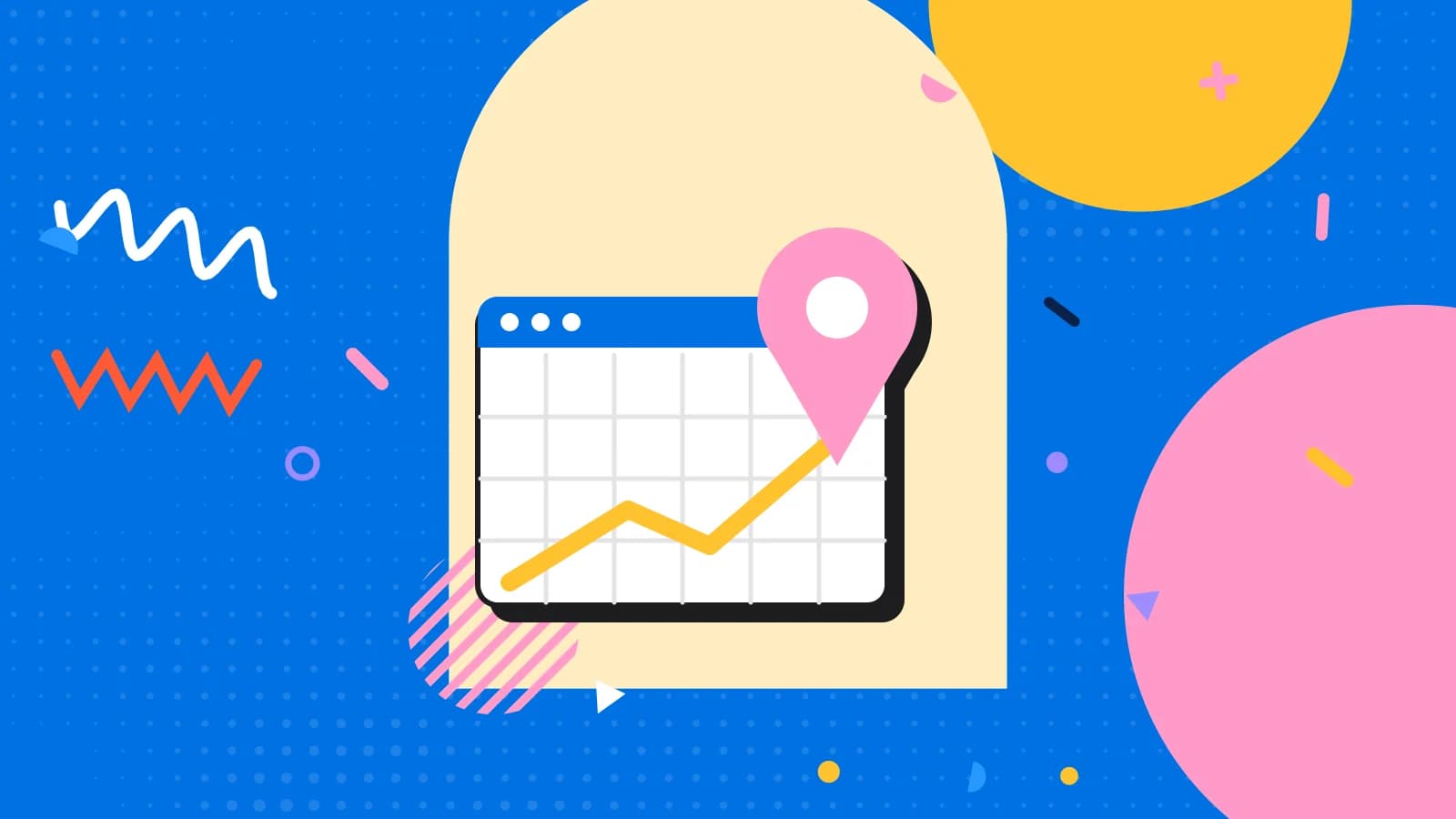 Illustration for google business profile: a location pin over a browser window with a map, in yellow and pink on blue.
