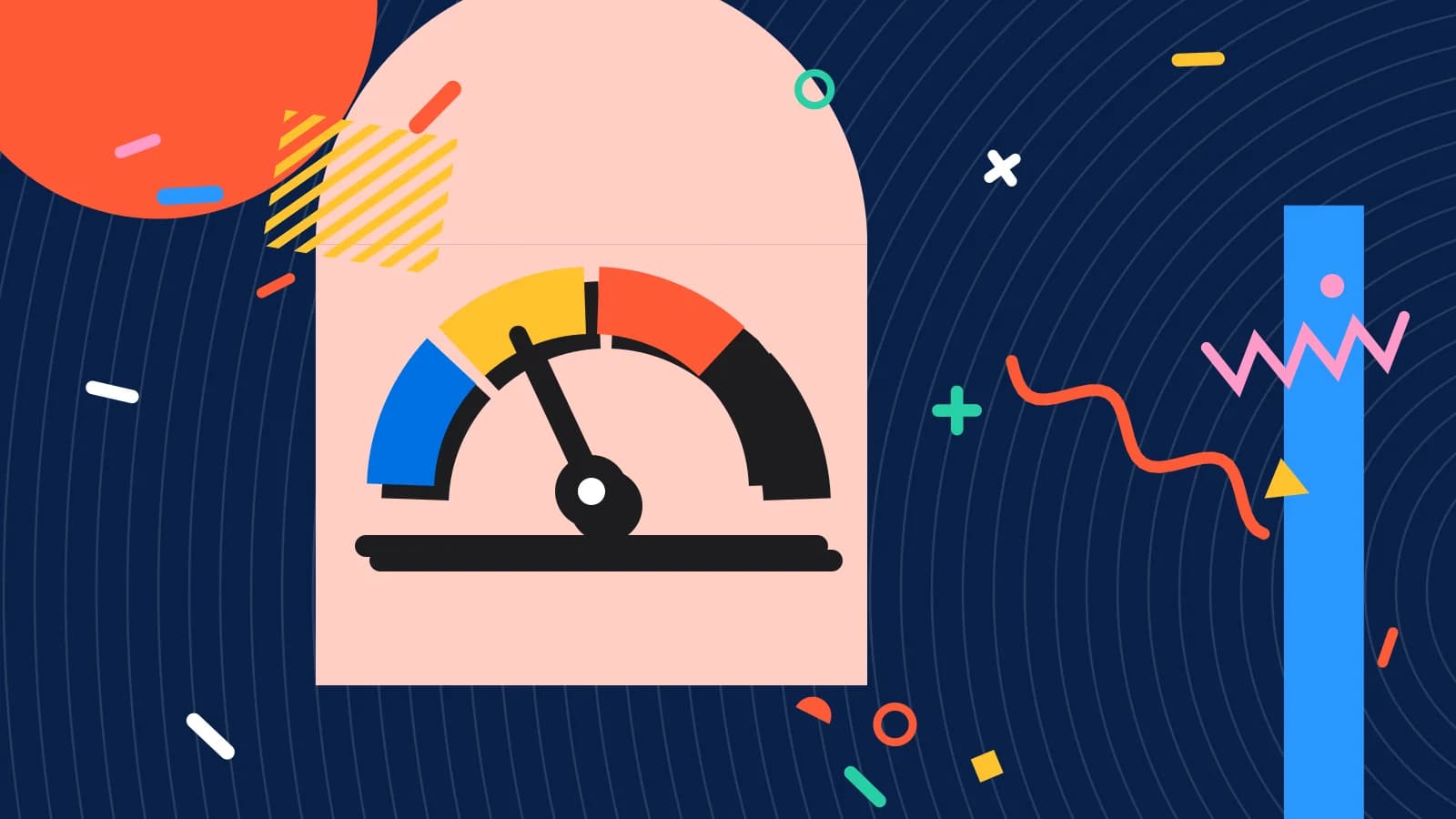 Illustration for no show rate: a half circle gauge with a needle, in coral and yellow on navy.